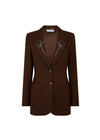 Brown blazer with embroidered details on a white background