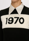 Black and white sweater with '1970' print on a neutral background
