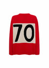 Red sweater with a large black number '70' on a white background