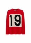 Red sweater with a white square featuring the number '19' on a white background