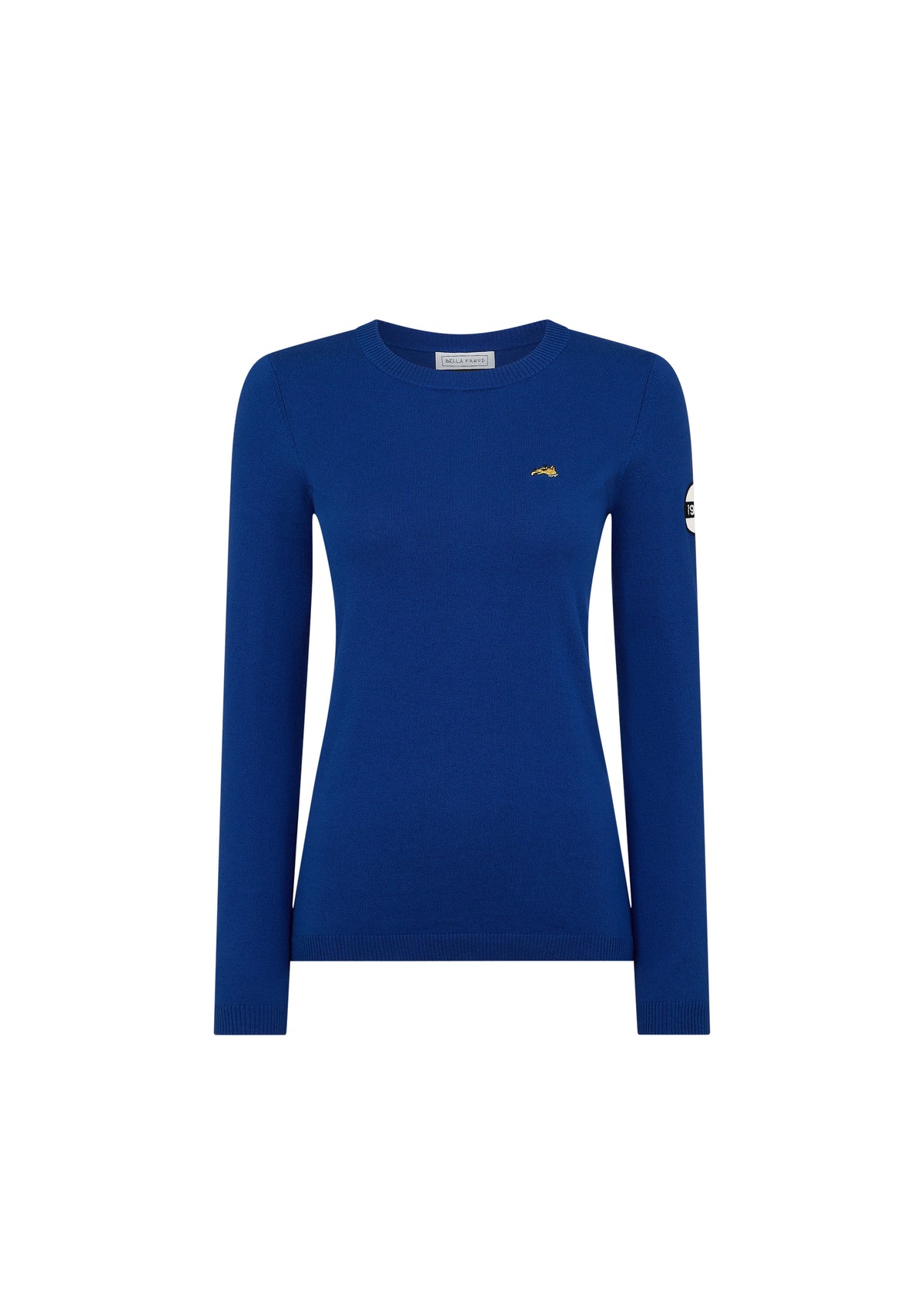 Blue long-sleeve shirt with a logo on a white background