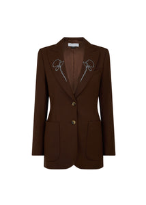 Brown blazer with embroidered details on a white background