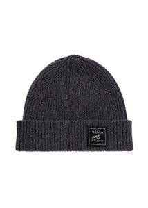 Gray beanie with a brand label on a white background
