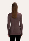 A women's long-sleeve ribbed knit mock neck sweater in a heathered dark plum-brown color, featuring the words 'stay CLOSE' embroidered in white on the left chest, shown on a plain white background.