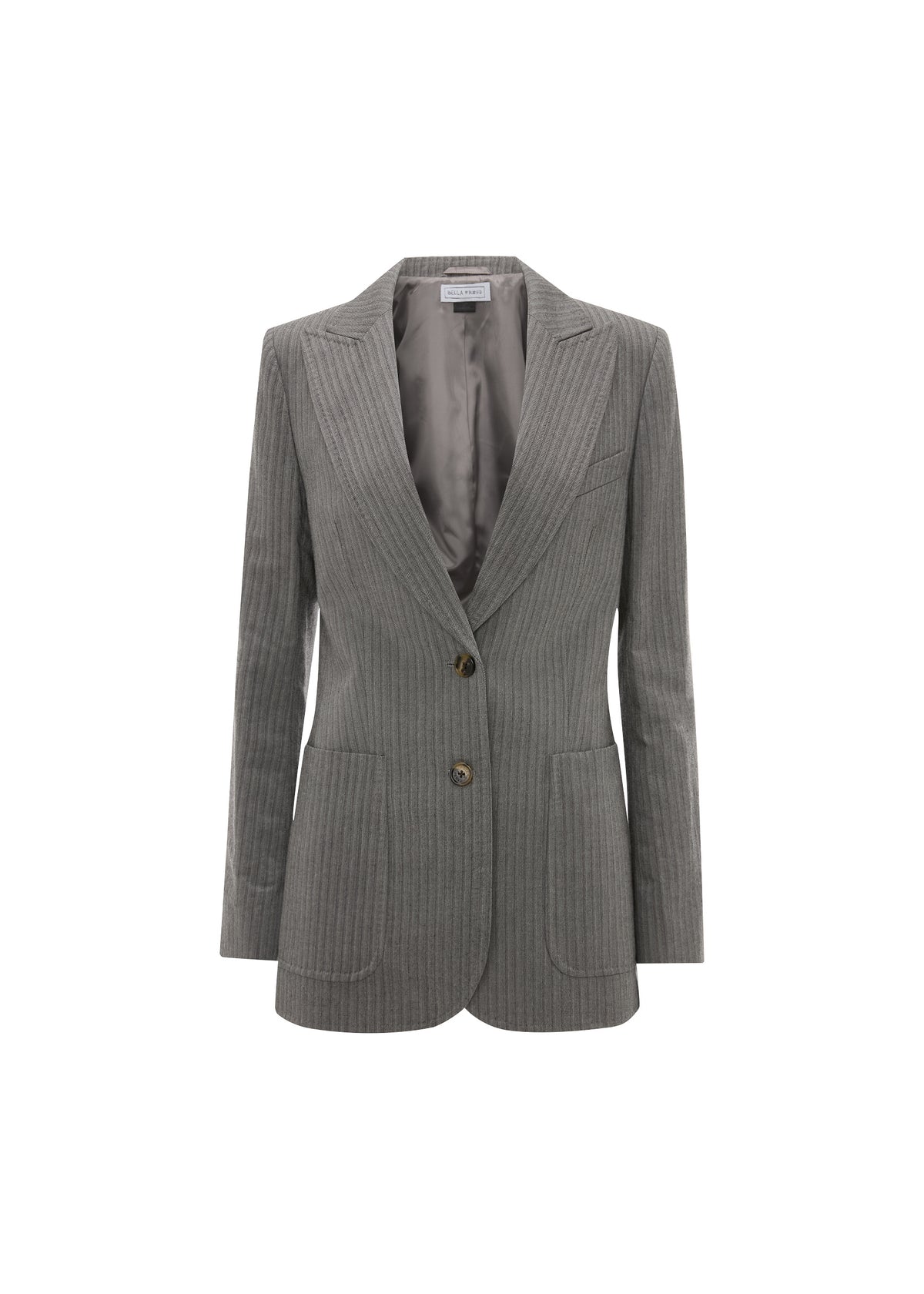 A model wearing a tailored pinstripe blazer over a white collared shirt and dark vest, paired with a matching pleated mini skirt, photographed against a plain light background.