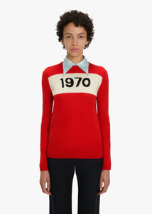 Person wearing a red sweater with '1970' print on a white background