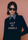 Navy Jumper with Cult of angels ult of angles graphic lettering