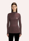 A women's long-sleeve ribbed knit mock neck sweater in a heathered dark plum-brown color, featuring the words 'stay CLOSE' embroidered in white on the left chest, shown on a plain white background.