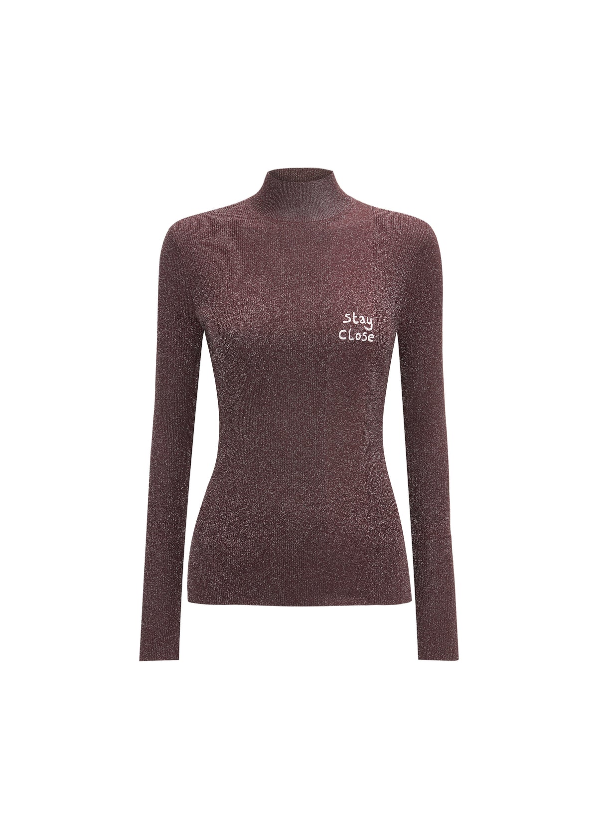 A women's long-sleeve ribbed knit mock neck sweater in a heathered dark plum-brown color, featuring the words 'stay CLOSE' embroidered in white on the left chest, shown on a plain white background.
