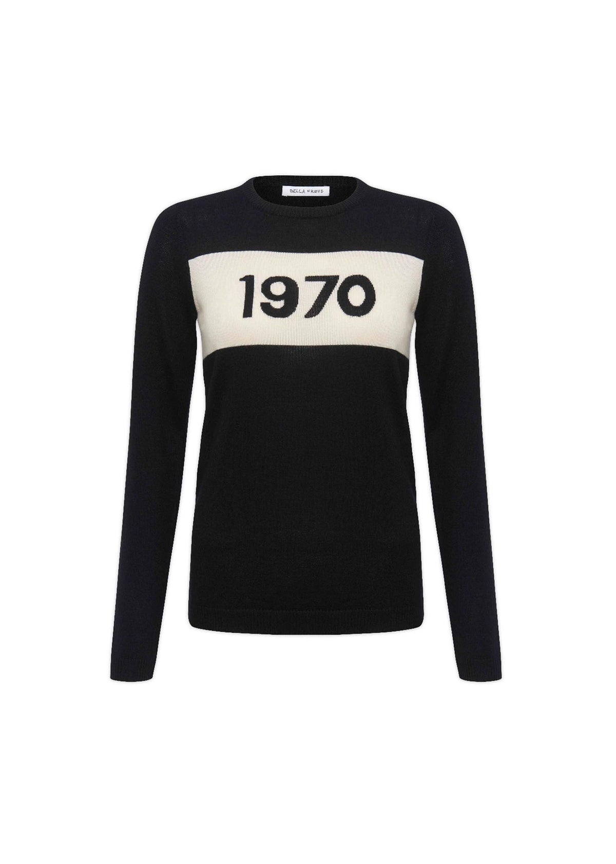 A black jumper with a white horizontal stripe featuring the numbers '1970' in bold black lettering.