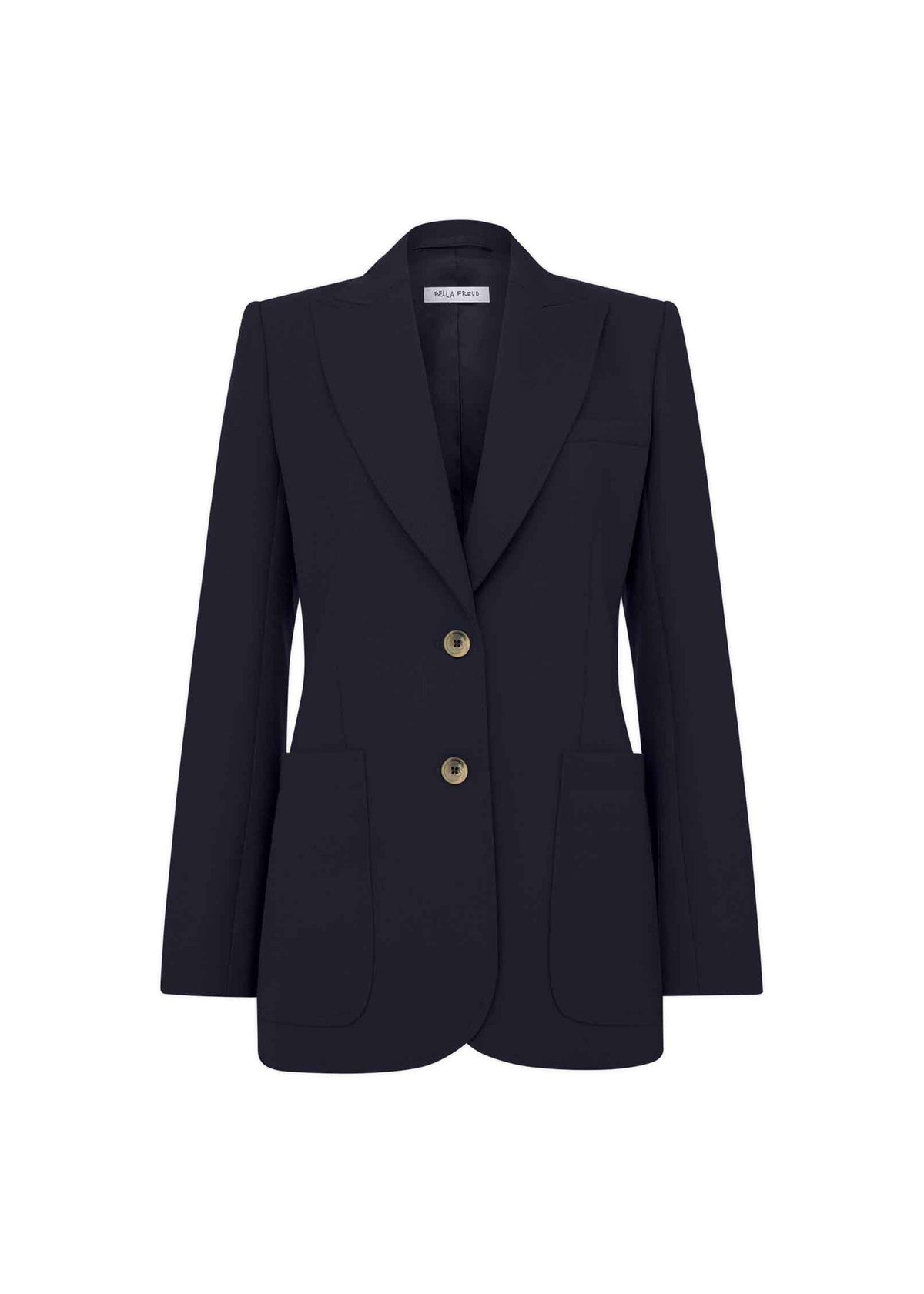 A navy-colored Cavalry Twill Saint James jacket with wide lapels and patch pockets, displayed against a plain background.